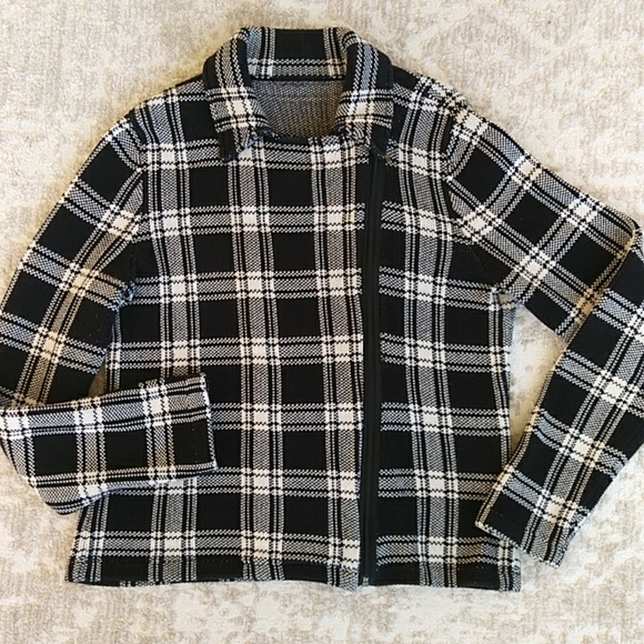Plaid Asymmetrical Cropped Sweater Jacket LARGE Black White - Picture 8 of 16